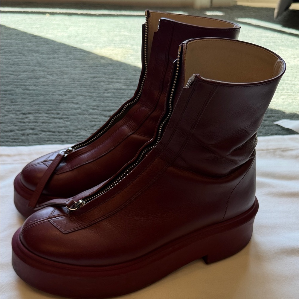 The Row Dark Red Leather Ankle Boots
